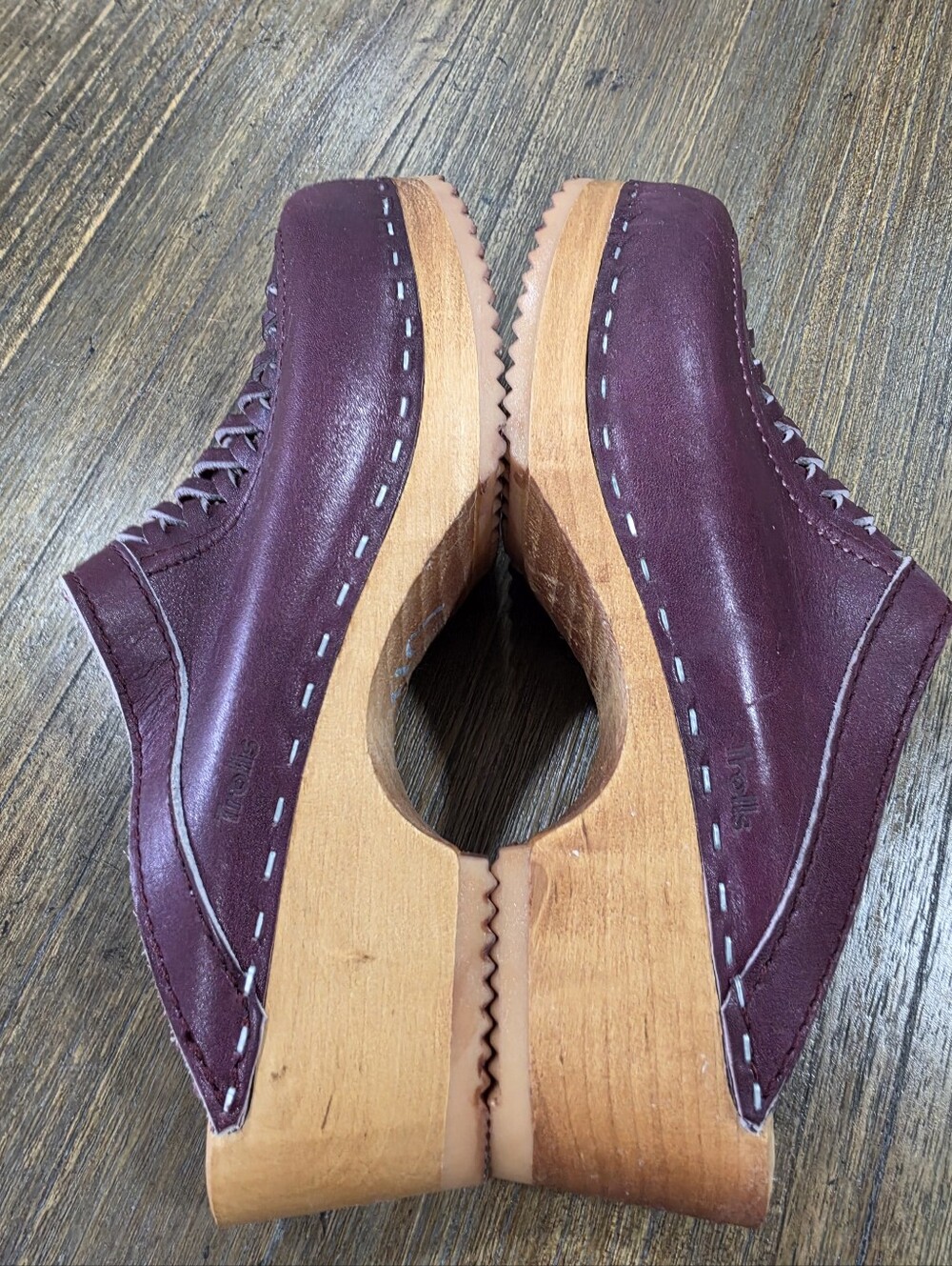 TROLLS By Samhall Burgundy Leather & Wood Sweden Clogs Size 37 - Picture 7 of 13